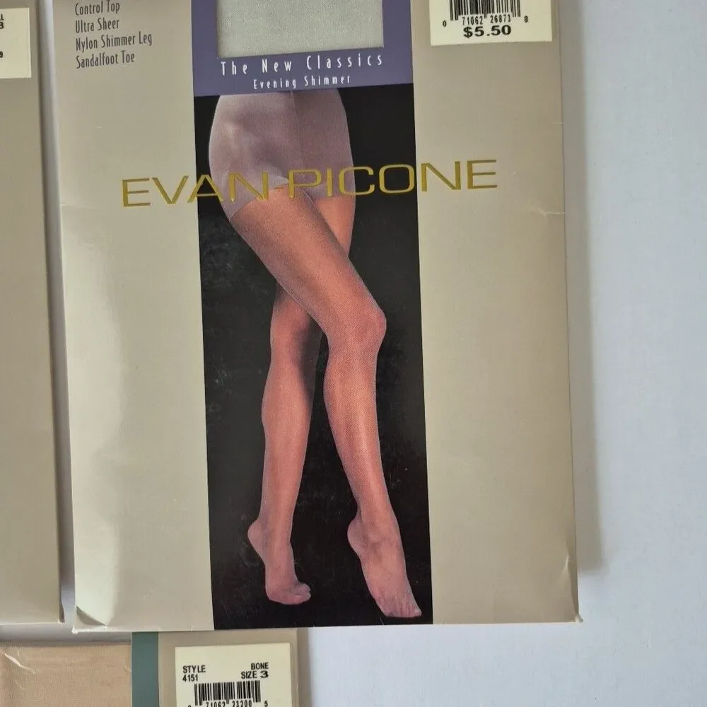 Evan Picone 3 Prs Control Top Ultra Sheer Sandal Foot Pantyhose SZ 3 Bone Shell